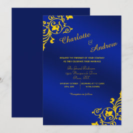 Convite Casamento Floral Real Azul e Amarelo Ouro