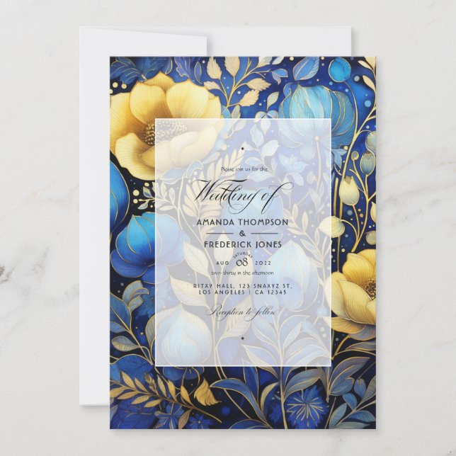 Convite Casamento Floral Real Azul e Dourado (Frente)