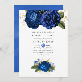 Convite Casamento Floral Real Azul e Dourado