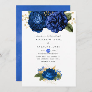 Convite Casamento Floral Real Azul e Dourado