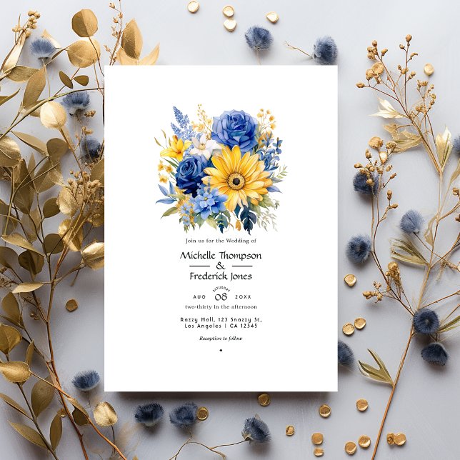 Convite Casamento Floral Real Azul e Dourado (Criador carregado)