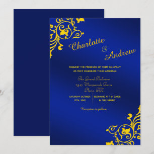 Convite Casamento Floral Real Azul e Ouro Amarelo