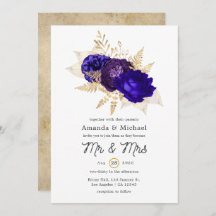 Convite Casamento Floral Real Azul, Roxo e Dourado
