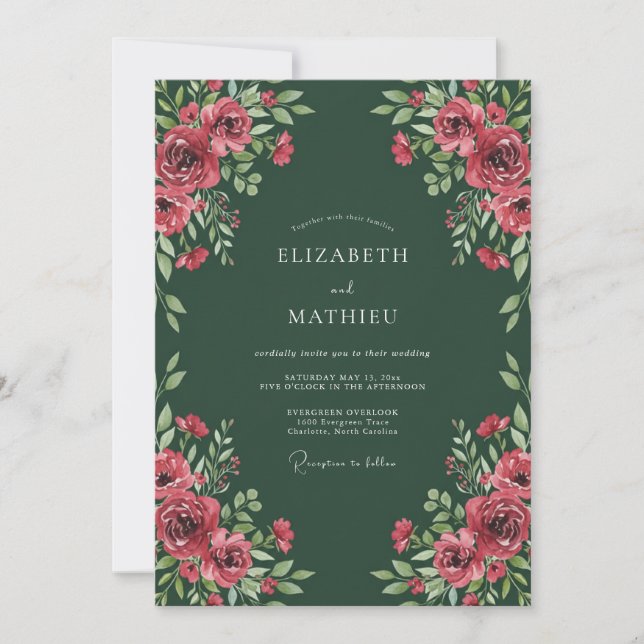 Convite Casamento Floral Real Verde Floresta (Frente)