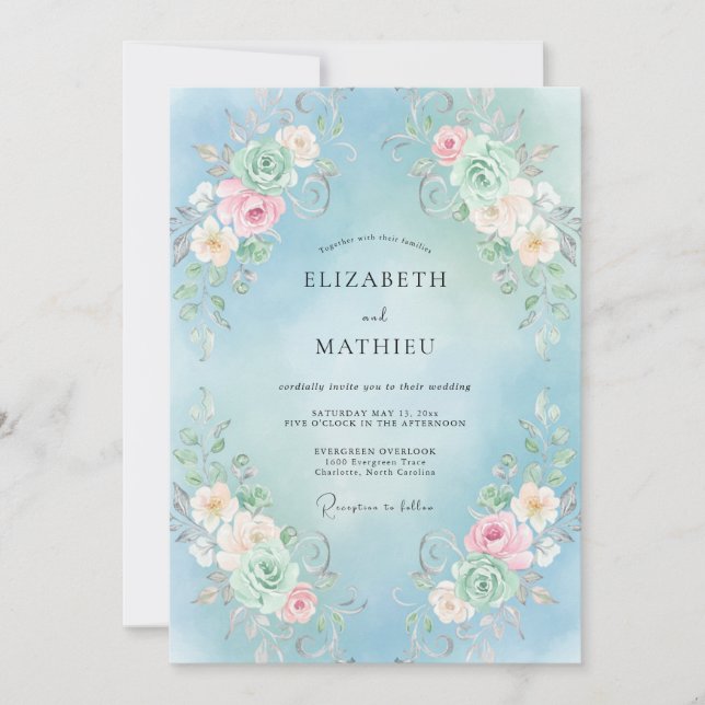 Convite Casamento Floral Redemoinho Azul Céu (Frente)