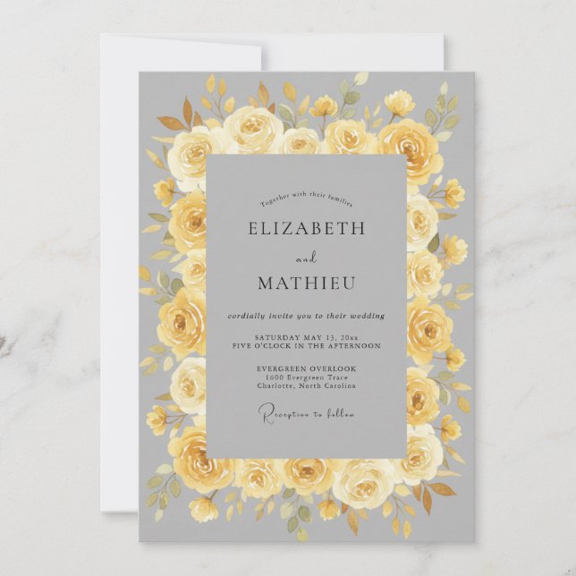 Convite Casamento Floral Refinado Amarelo Dourado (Frente)
