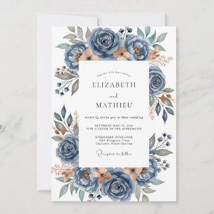 Convite Casamento Floral Refinado Azul Empoeirado