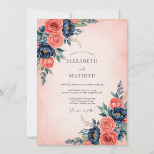 Convite Casamento Floral Refinado Coral Azul Marinho