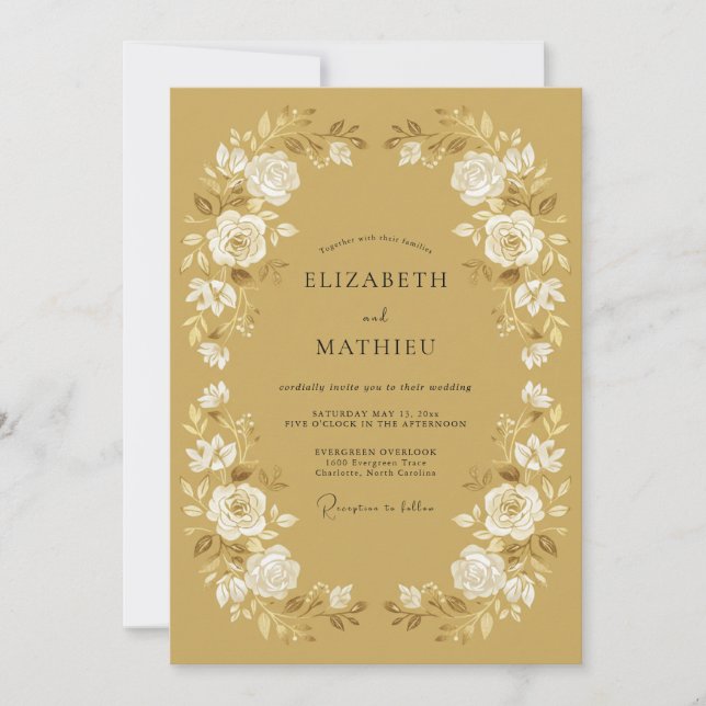 Convite Casamento Floral Refinado em Amarelo Mostarda (Frente)