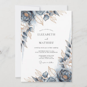Convite Casamento Floral Régio em Azul Empoeirado e Bronze