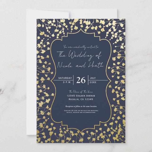 Convite Casamento Floral Respiro de Bebê Dourado Rústico A (Frente)