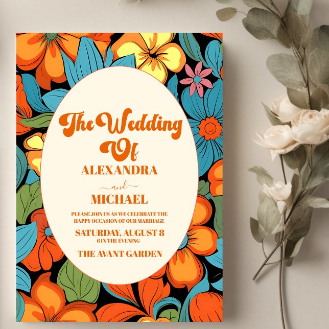 Convite Casamento Floral Retro Boho dos Anos 70 (Criador carregado)