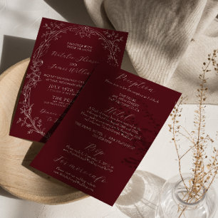 Convite Casamento Floral Retro Borgonha Old Money Tudo Em