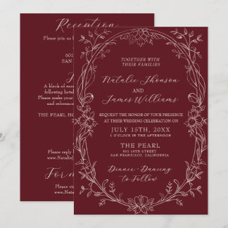 Convite Casamento Floral Retro Borgonha Old Money Tudo Em