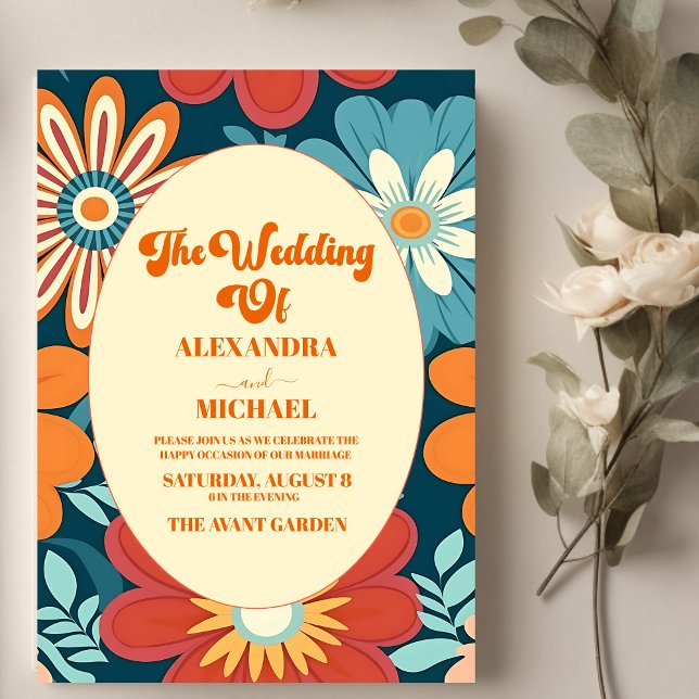 Convite Casamento Floral Retro dos Anos Setenta (Criador carregado)