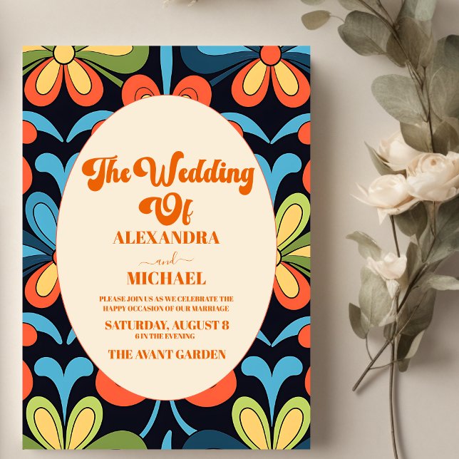 Convite Casamento Floral Retro Groovy  (Criador carregado)
