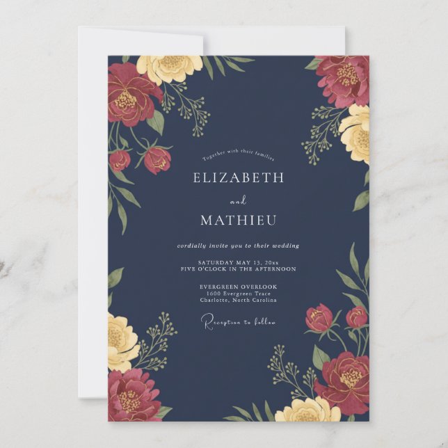 Convite Casamento Floral Rico Azul Marinho (Frente)