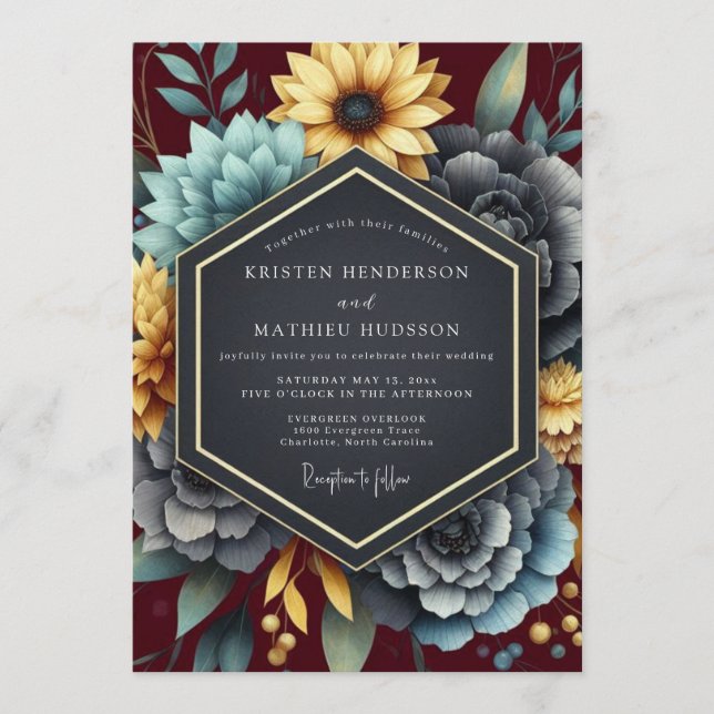 Convite Casamento Floral Rico em Ocre Borgonha (Frente)