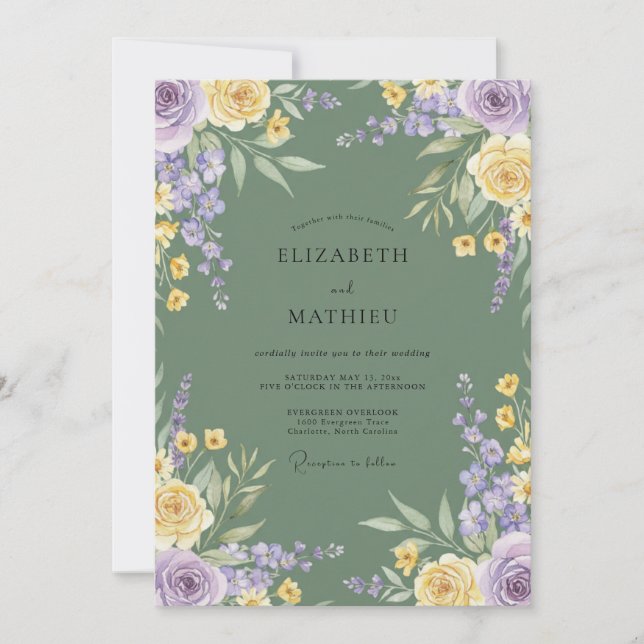 Convite Casamento Floral Romance Amarelo Lavanda (Frente)