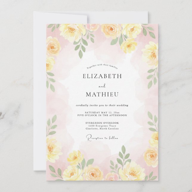 Convite Casamento Floral Romance Amarelo Pastel (Frente)