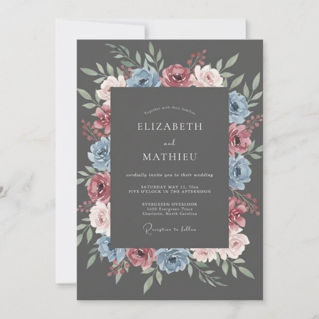 Convite Casamento Floral Romance Azul Anil Rubor (Frente)