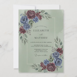 Convite Casamento Floral Romance Azul Borgonha