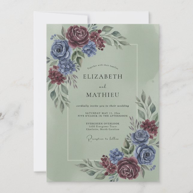 Convite Casamento Floral Romance Azul Borgonha (Frente)