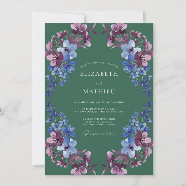 Convite Casamento Floral Romance Azul Esmeralda (Frente)