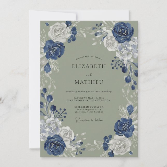 Convite Casamento Floral Romance Azul Índigo (Frente)