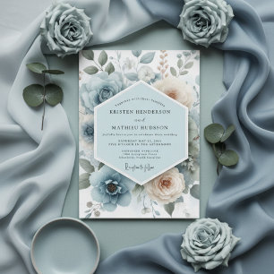Convite Casamento Floral Romance Azul Pó