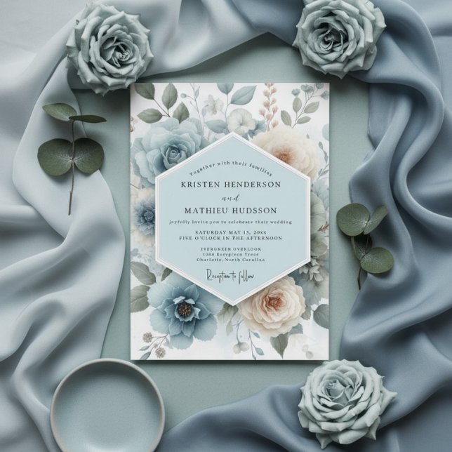 Convite Casamento Floral Romance Azul Pó (Criador carregado)