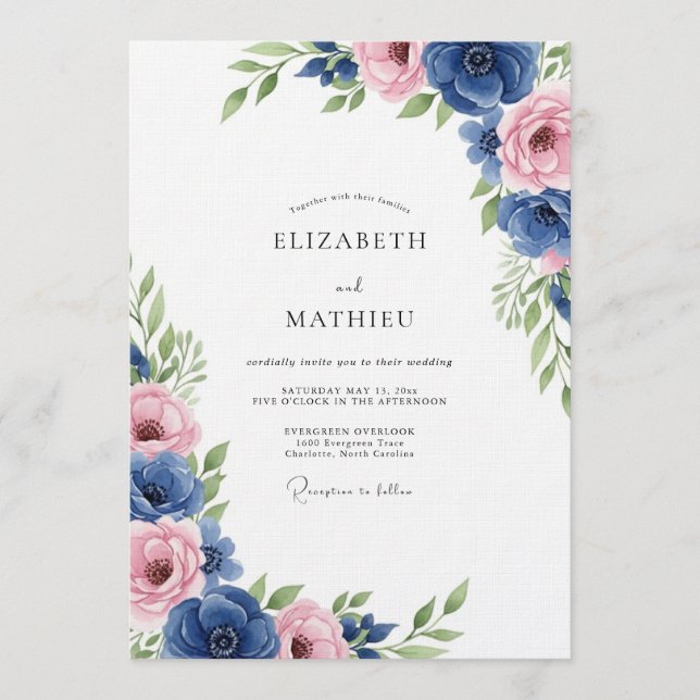 Convite Casamento Floral Romance Azul Real (Frente)