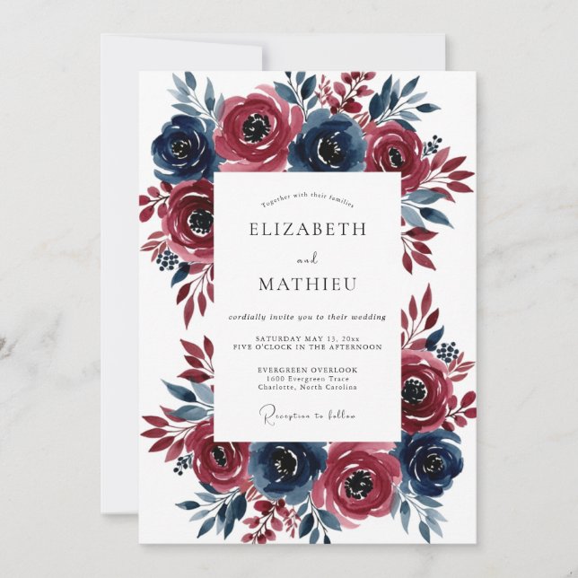 Convite Casamento Floral Romance Borgonha Azul Marinho (Frente)