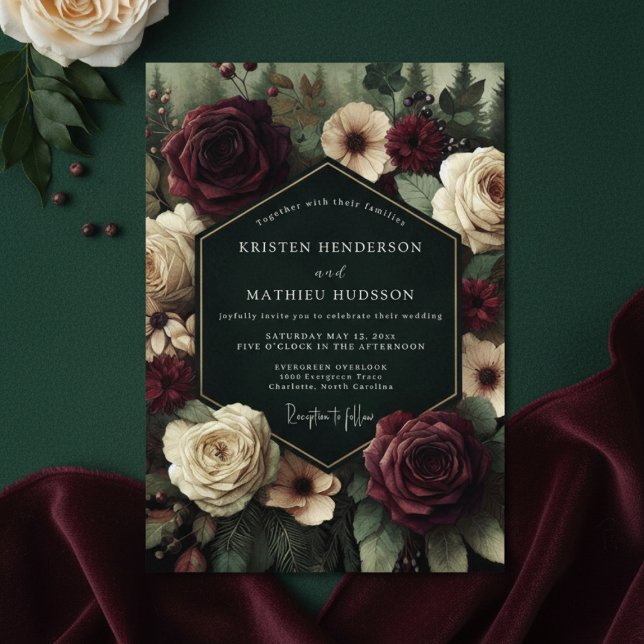 Convite Casamento Floral Romance Burgundy Profundo (Criador carregado)