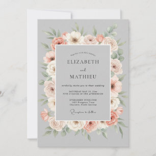Convite Casamento Floral Romance Cinza Pêssego