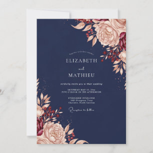 Convite Casamento Floral Romance com Bege Naval