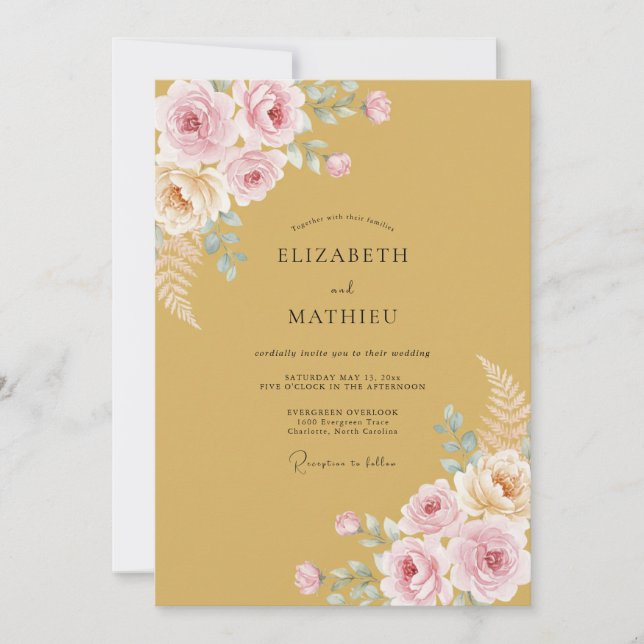 Convite Casamento Floral Romance com Brilho Dourado (Frente)