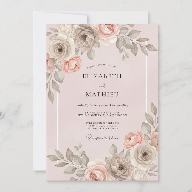 Convite Casamento Floral Romance com Tonalidade Rosa-Pêsse (Frente)