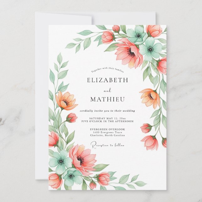 Convite Casamento Floral Romance Coral Menta (Frente)