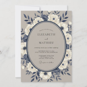 Convite Casamento Floral Romance Creme Marinho