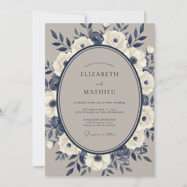 Convite Casamento Floral Romance Creme Marinho (Frente)