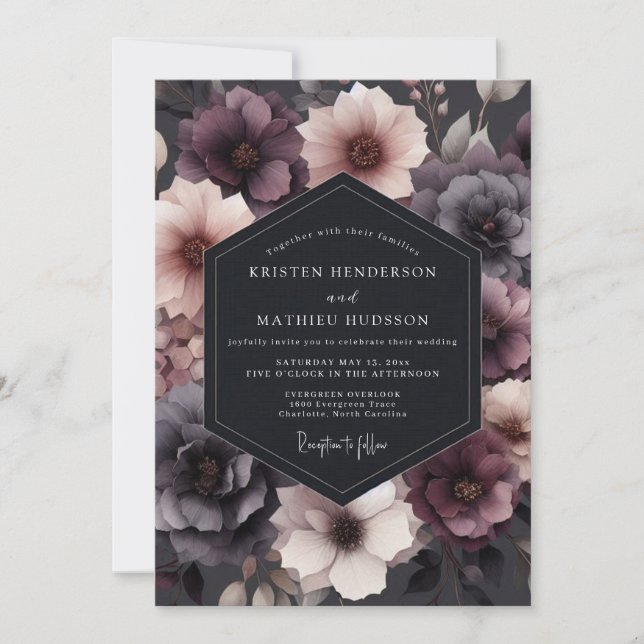 Convite Casamento Floral Romance de Ameixa Profunda (Frente)