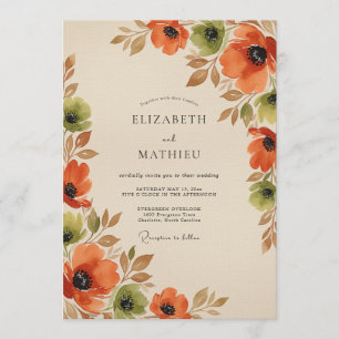 Convite Casamento Floral Romance de Outono Laranja