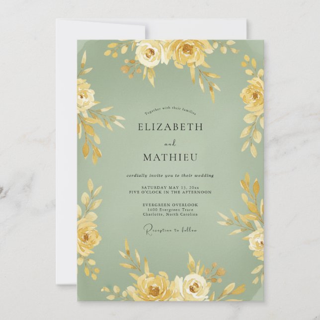 Convite Casamento Floral Romance em Amarelo Sage (Frente)
