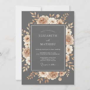 Convite Casamento Floral Romance em Ardósia e Pêssego