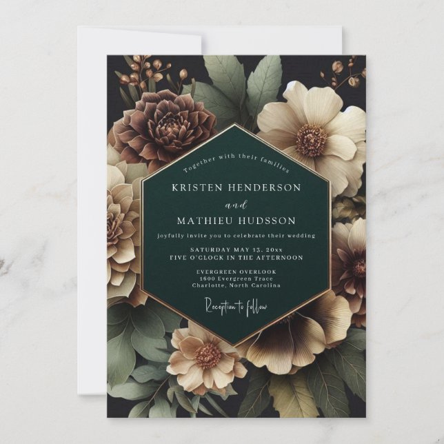 Convite Casamento Floral Romance em Borgonha Profundo (Frente)