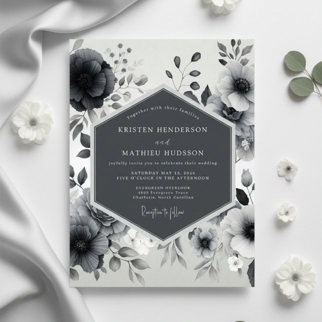 Convite Casamento Floral Romance em Carvão (Criador carregado)