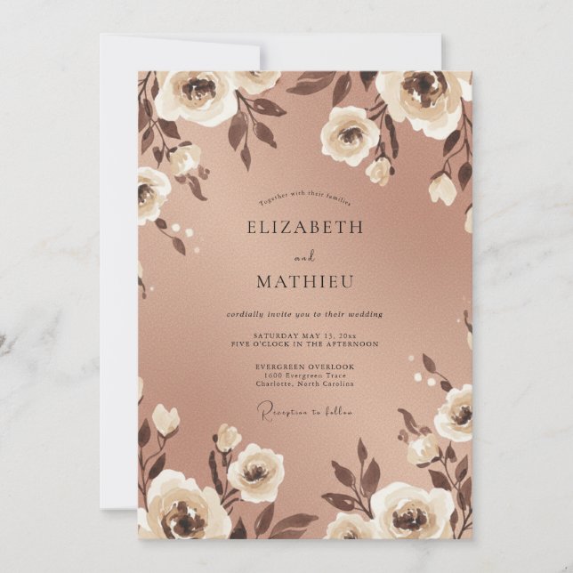 Convite Casamento Floral Romance em Rosa Dourado (Frente)