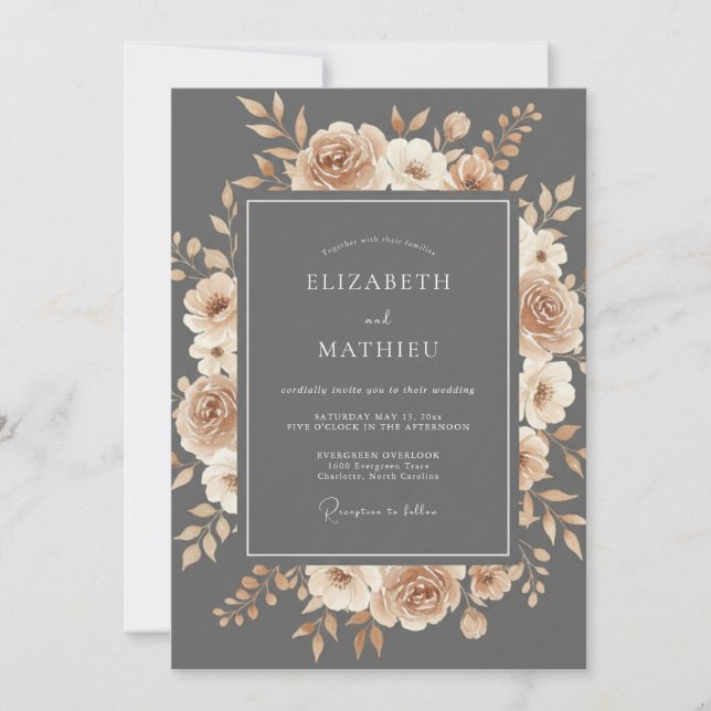Convite Casamento Floral Romance em Slate e Pêssego (Frente)