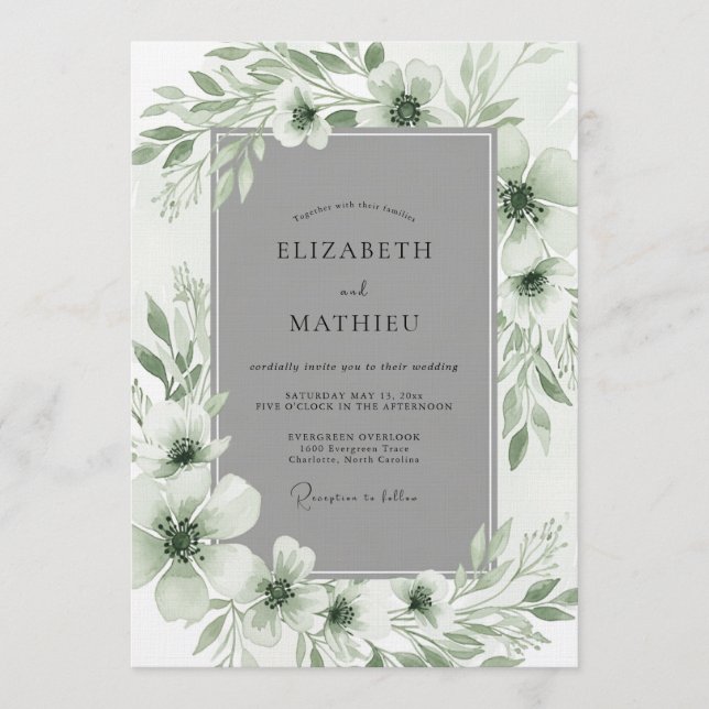 Convite Casamento Floral Romance em Verde Salvia (Frente)